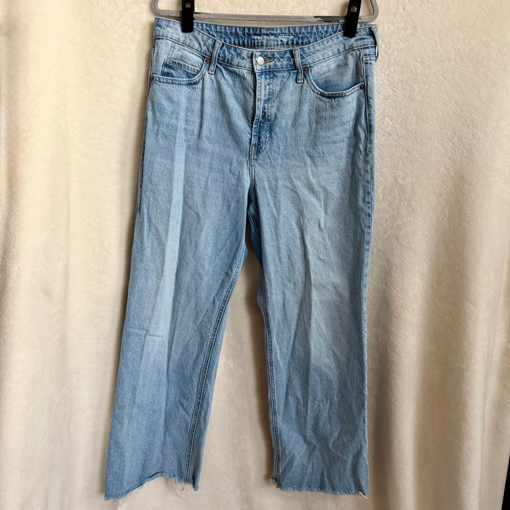 Old Navy Sky-Hi Wide Leg Extra High Rise Raw Hem Light Wash Denim Jeans Sz 14